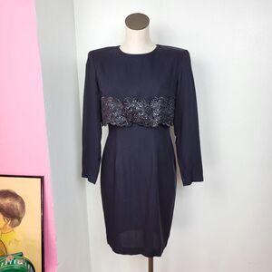 Vintage 90s Black Sequin Trim Long Sleeve Sheath Dress